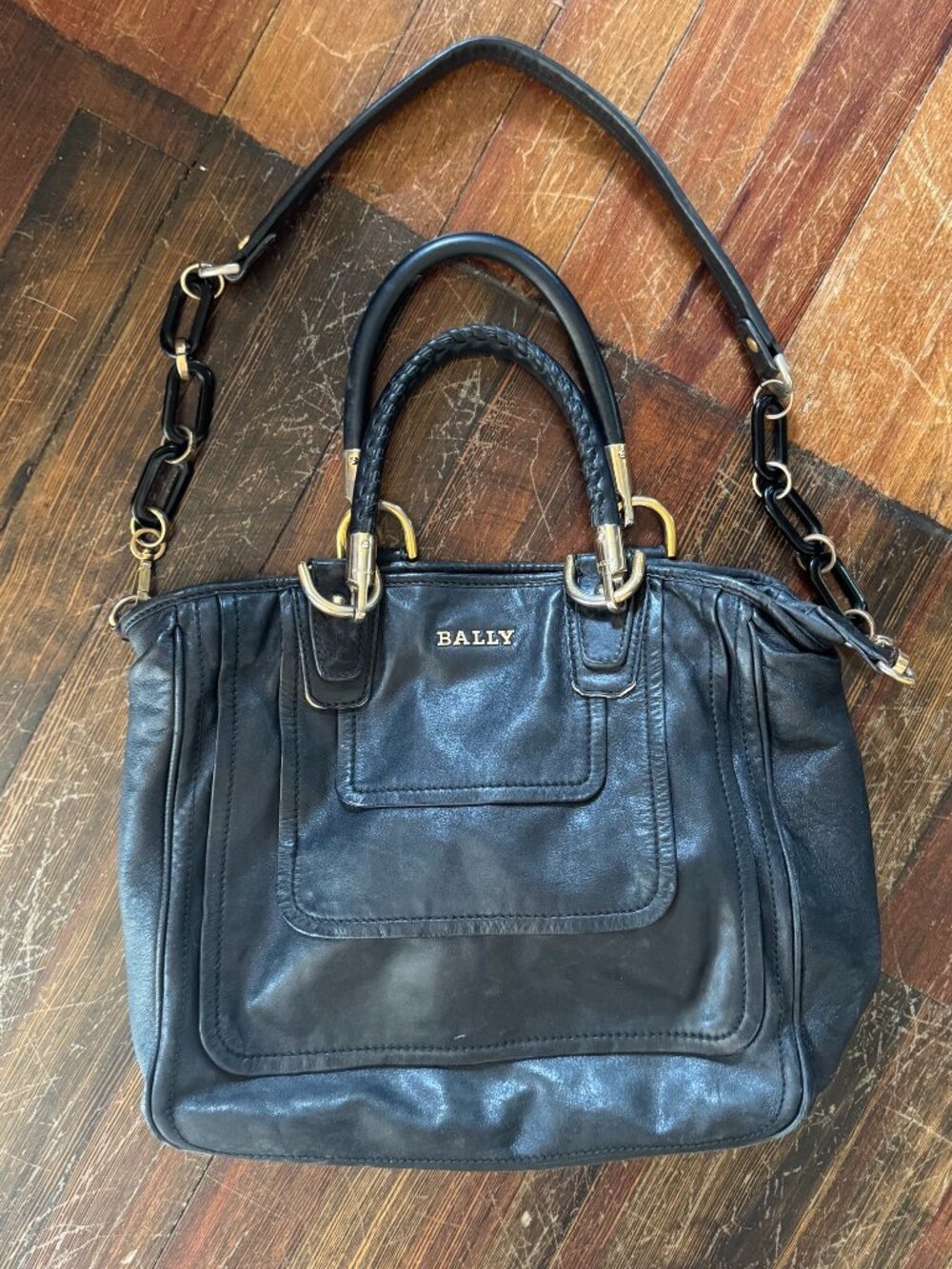 Bally Vintage Black Leather Gold Chain Detailing Bag Purse Satchel